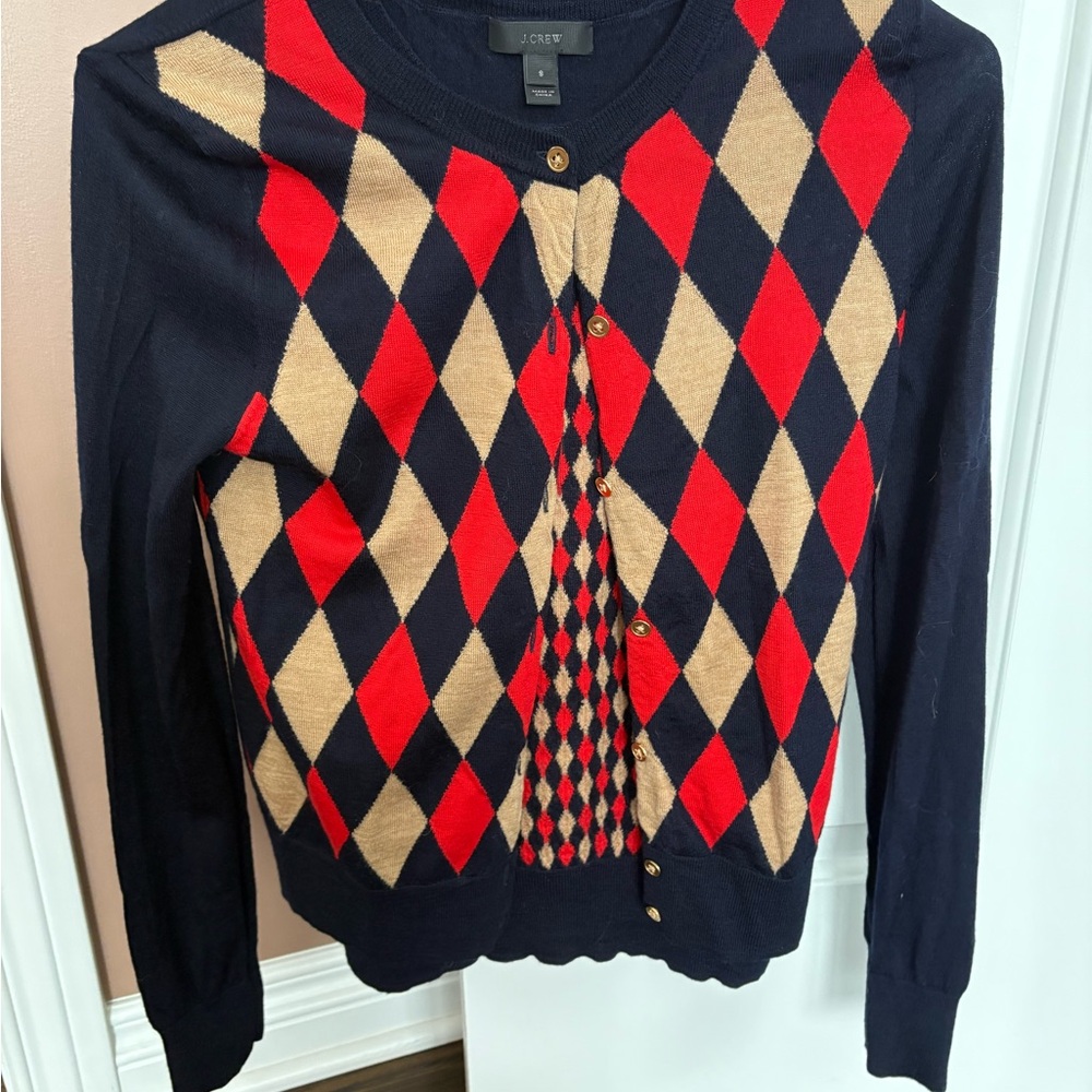 J. Crew Women's Argyle Cardigan Sweater - Red and Tan
